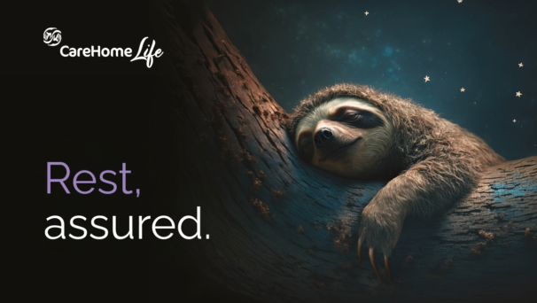 Image of a sleeping sloth laid on a branch, with a night sky and stars in the background. Text overlay to the left with the CareHomeLife logo and the copy "Rest, assured".